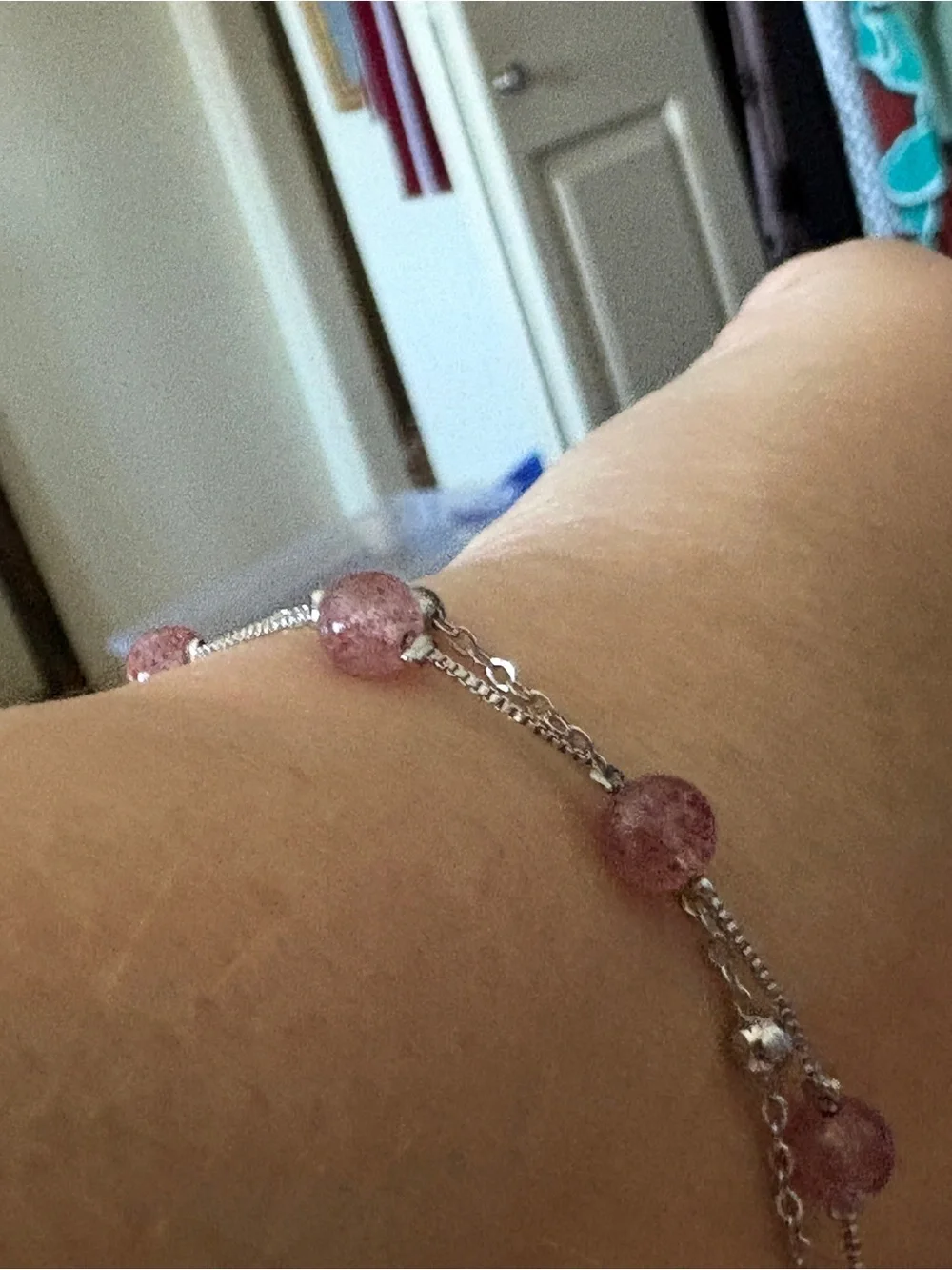 Sterling Silver Chain Bracelet with Rose Quartz Beads